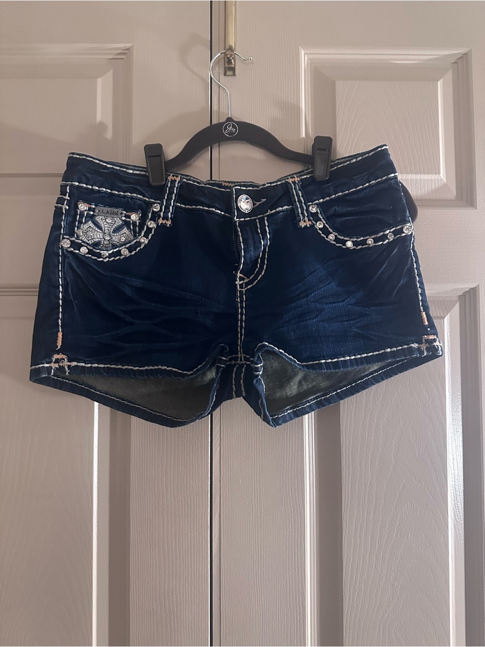 L.A. idol Dark Blue Rhinestone Embellished Denim Shorts